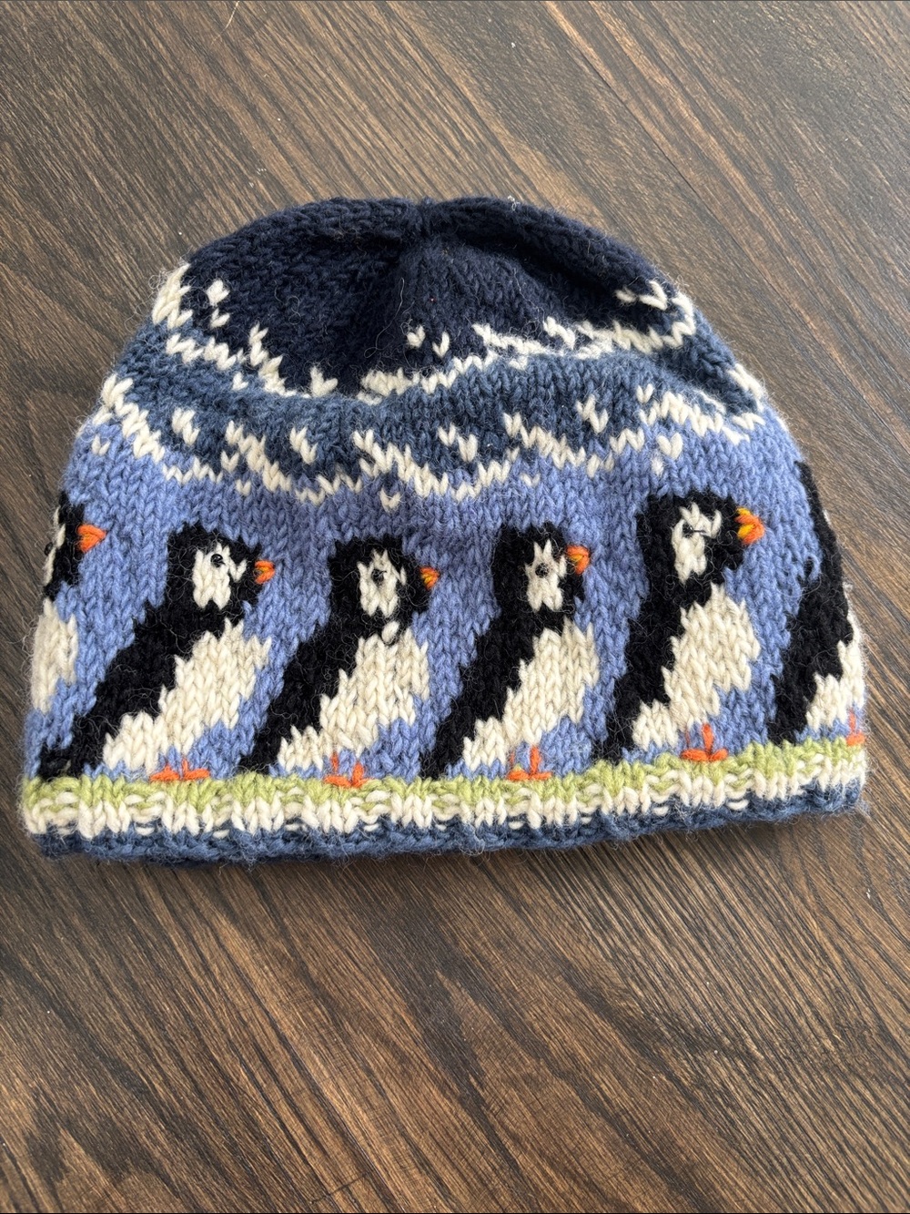 Pachamama wool puffin beanie, fleece lining, blues/white/green, hand knit,OS